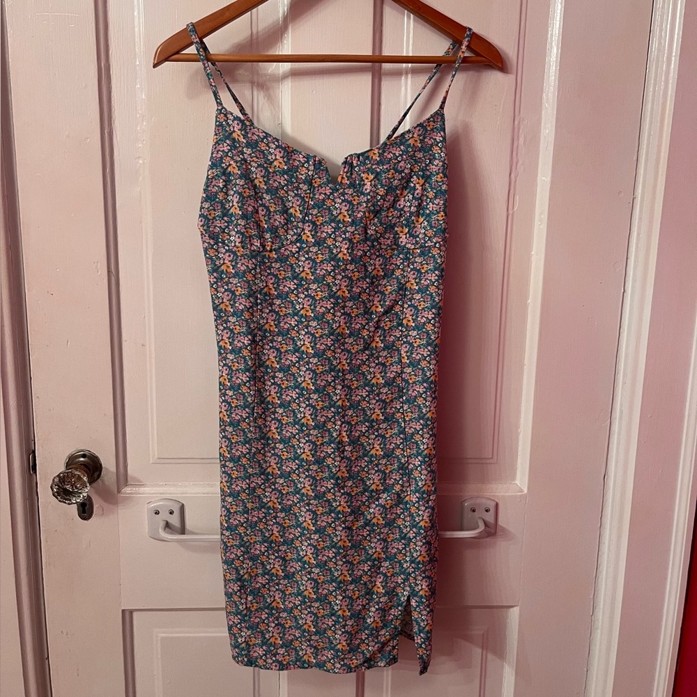 Teal and Floral Spaghetti Strap Dress